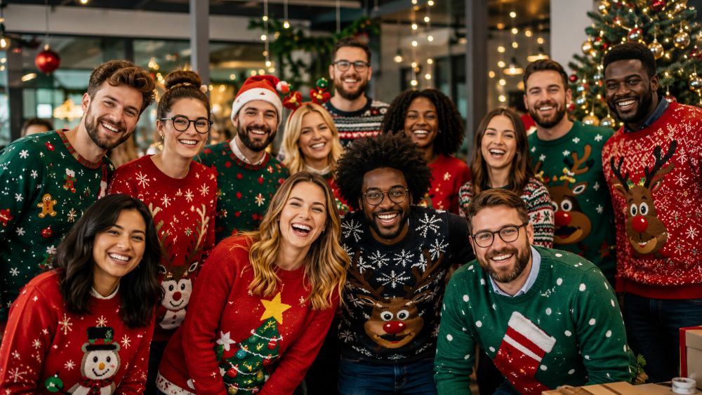 Une équipe tout sourire en pulls de Noël kitsch et colorés